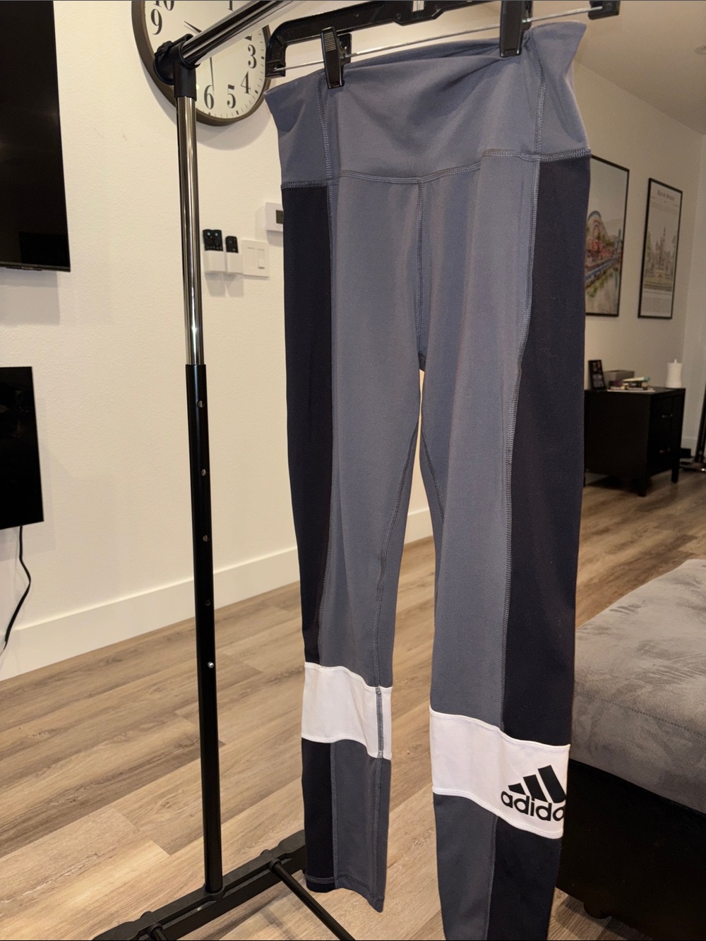 adidas Gray and Black Leggings with White Logo Accent